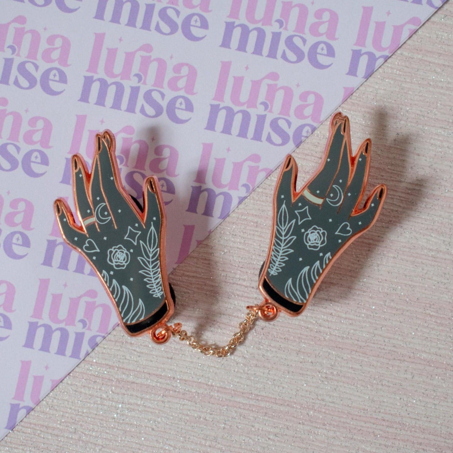 Rose Gold Monochrome Witchy Hands Chain Pin